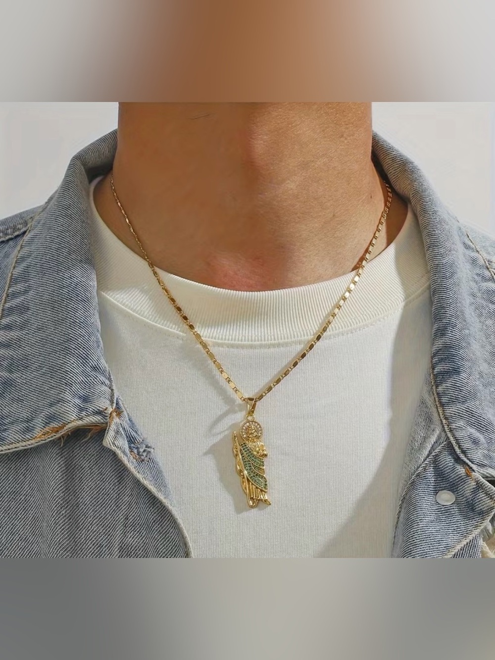 Gold Saint Jude Pendant Necklace with Green Accents